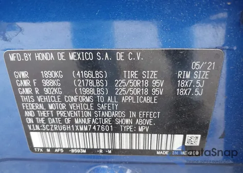 2021 Honda Hr-V Awd Sport from USA, damaged, VIN 3CZRU6H1XMM747601